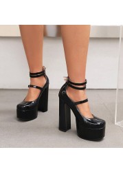 REAVE CAT Women Pumps Square Toe High Block Heels Buckle Straps Punk Plateform Big Size 35-41 Solid Red Black Sexy Spring S3626