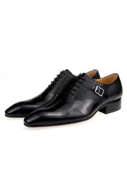 Male brogue wedding dress genuine leather lace-up handmade business casual custom shoes model fashion exquisite buckle ABS black