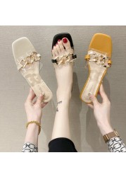 2022 Summer New Women's Thick Heel Sandals High Heel Slippers Metal Chain Decoration Inline Summer Shoes Women