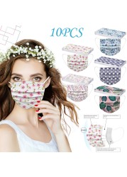 18 Styles 10pcs Disposable Face Masks Unisex Adult Floral Leaves Print 3-layer Windproof Fog Fog Pollution Face Masks