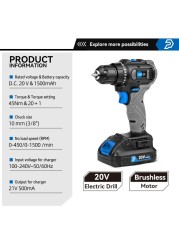 Electric Drill Brushless 45NM Cordless Drill 20V Mini Electric Power Tools Repair Screwdriver 5pcs Bits by PROSTORMER