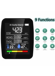 كاشف جودة الهواء CO2 متر CO2 اختبار ثاني أكسيد الكربون TVOC الفورمالديهايد قيمة كمية الكهرباء درجة الحرارة مقياس الرطوبة