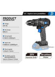 60NM Brushless Electric Hammer Drill Machine 20V Cordless Impact Screwdriver 13mm Steel Wood Construction Power Bare Tools PROSTORMER