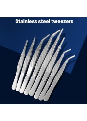 12.5/14/16/18 cm Stainless Steel Tweezers with Curved Pointed Pointed Tip Serrated Daily Garden Tool Industrial All Purpose Plier