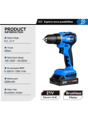 21V Volt Cordless Drill 40NM Brushless Mini Electric Driver Screwdriver 2.0Ah Battery Household Power Tools 5pcs Bits by PROSTORMER