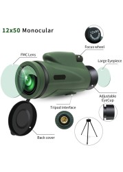 Large field of view 12X50 monocular outdoor camping travel hunting HD FMC telescope with tripod mobile phone holder bird watching