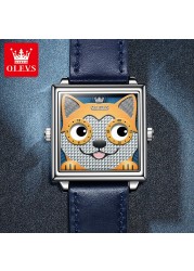 OLEVS Square Trendy Corium Strap Women Wristwatches Quartz Fashion Waterproof Watches for Women Cartoon Dog Watch