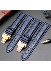 Genuine Leather Bracelet Dark Blue Watch Strap Butterfly Clasp Watchband Size In 16mm 18mm 20mm 21 22mm 23mm Watch Band