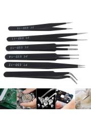 6pcs Stainless Steel Tweezers 1.0mm Anti-static Repair Tool Kit for Electronics Jewelry Fine Craft Cell Phone Stickers Drill