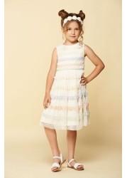 Amelia Rose Cream Multi-coloured Lace Trim Party Dress