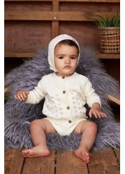 The Little Tailor Cream Knitted Cardigan, Bonnet And Bloomers 3 Piece Baby Set