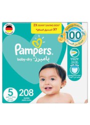 Pampers Baby-Dry Diapers, Size 5, 11-16kg, with Leakage Protection, 208 Baby Diapers