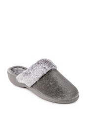 Totes Isotoner Ladies Sparkle Velour Heeled Mule Slippers