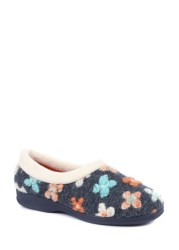 Pavers Blue Ladies Full Slippers with Flower Embellishment