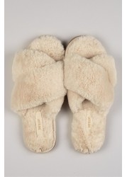 LatteLove Cream Sand Criss Cross Faux Fur Slide Slippers