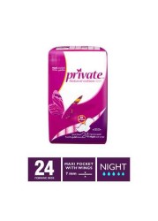 Private Maxi Thick Night Pads With Wings, 24 Pieces