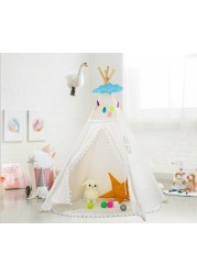 Canvas Teepee Cotton Portable Foldable Kids Play Tent Indoor Outdoor Play Tent With Window (White)