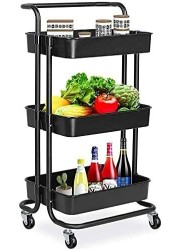 Orchid 3-Tier Multiuse Kitchen Organizer Rack Storage Trolleys Removable Storage Tower Rack Bathroom Shelf with Wheels and armrest Slim Rolling Storage Rack | Rolling Cart with Wheels Handle (Black)