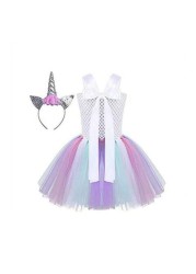 Aiwanto Children Girls Unicorn Dress Birthday Pageant Princess Tulle Tutu Costumes Rainbow (L- 130)