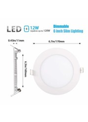 XBW - 2pcs 6" Dimmable LED Panel Light, 12W Ultra Thin Round Light, 5000K White, 960 Lumens, LED Recessed Ceiling Light, 220V