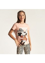 Disney Minnie Mouse Print Crew Neck T-shirt with Short Sleeves