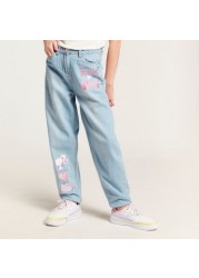 Sanrio Embroidered Denim Pants with Pockets and Button Closure