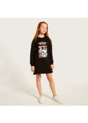 Disney Mickey and Minnie Print Round Neck T-shirt Dress with Long Sleeves