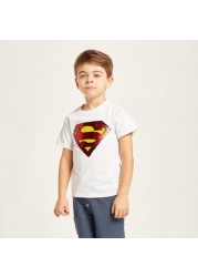 Super-Man Sequin Embellished T-shirt with Short Sleeves