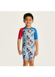 Disney Mickey Mouse Print Swimsuit with Short Sleeves and Zip Closure