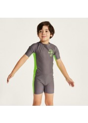 Juniors Printed Swimsuit with Short Sleeves and Zip Closure