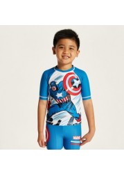 Captain America Print Rash Gaurd and Swim Shorts Set