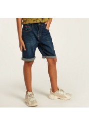 Lee Cooper Solid Denim Shorts with Pockets and Belt Loops