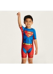 Superman Print Swimsuit with Round Neck and Short Sleeves