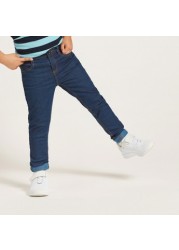 Solid Denim Pants with Pockets and Button Closure