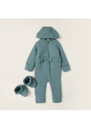 Juniors Textured Coverall with Long Sleeves and Frill Detail