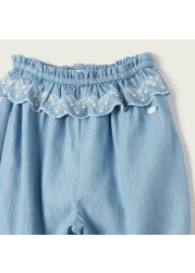 Giggles Embroidered Pants with Ruffle and Elasticated Waistband