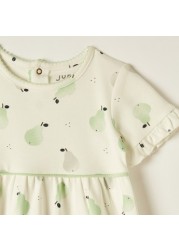 Juniors Pear Print Dress with Round Neck and Short Sleeves