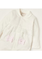 Giggles Bow Accented Sleepsuit with Long Sleeves and Frill Detail