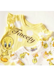 Tweety Print Crew Neck T-shirt with Ruffled Sleeves - Set of 2