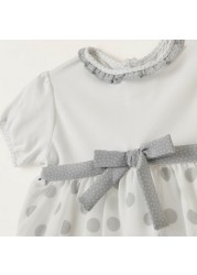 Giggles Polka Dot Print Dress with Puff Sleeves and Tie-Up Belt