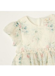 Juniors Floral Print Dress with Puff Sleeves and Zip Closure