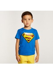 Embellished Superman Print T-shirt with Crew Neck and Short Sleeves