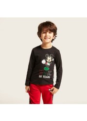 Disney Mickey Mouse Print Round Neck T-shirt with Long Sleeves