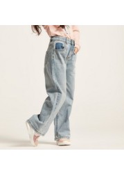 Juniors Solid Denim Pants with Pockets and Button Closure