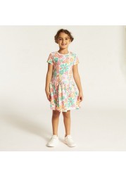 Juniors Floral Print Drop Waist Dress with Short Sleeves