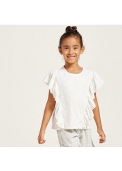 Ruffle Detailed Crew Neck Top with Short Sleeves