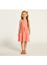 Juniors Heart Print Sleeveless Dress with Waist Tie-Up Belt