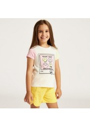 Smiley World Printed Crew Neck T-shirt with Cap Sleeves