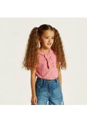 Juniors Heart Print Polo T-shirt with Short Sleeves and Ruffle Detail