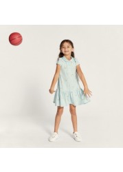 Juniors Printed Polo Dress with Cap Sleeves and Button Closure